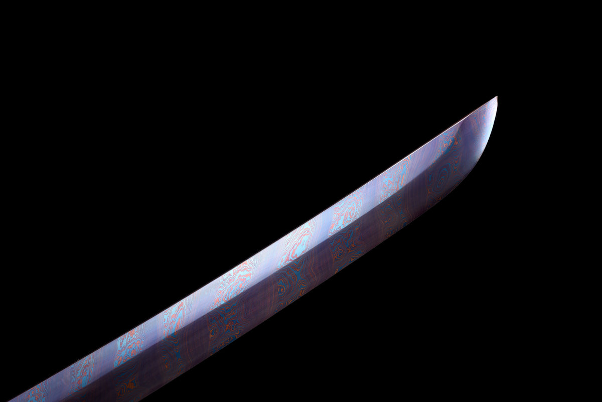 Handgefertigtes Wakizashi-Schwert, blauer Damaszener-Stahl mit schwarzer Scheide – 79 cm, echtes Katana-Schwert