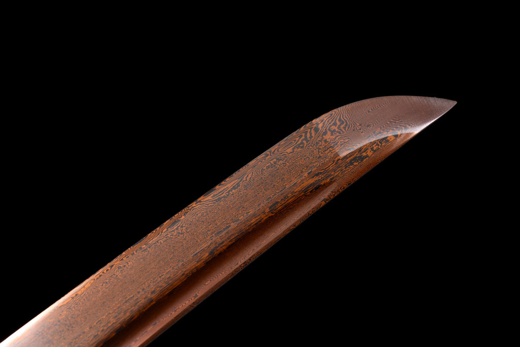 Handgefertigtes Wakizashi-Schwert aus rotem Damaststahl mit weißer Lederscheide – 79 cm, echtes Katana-Schwert
