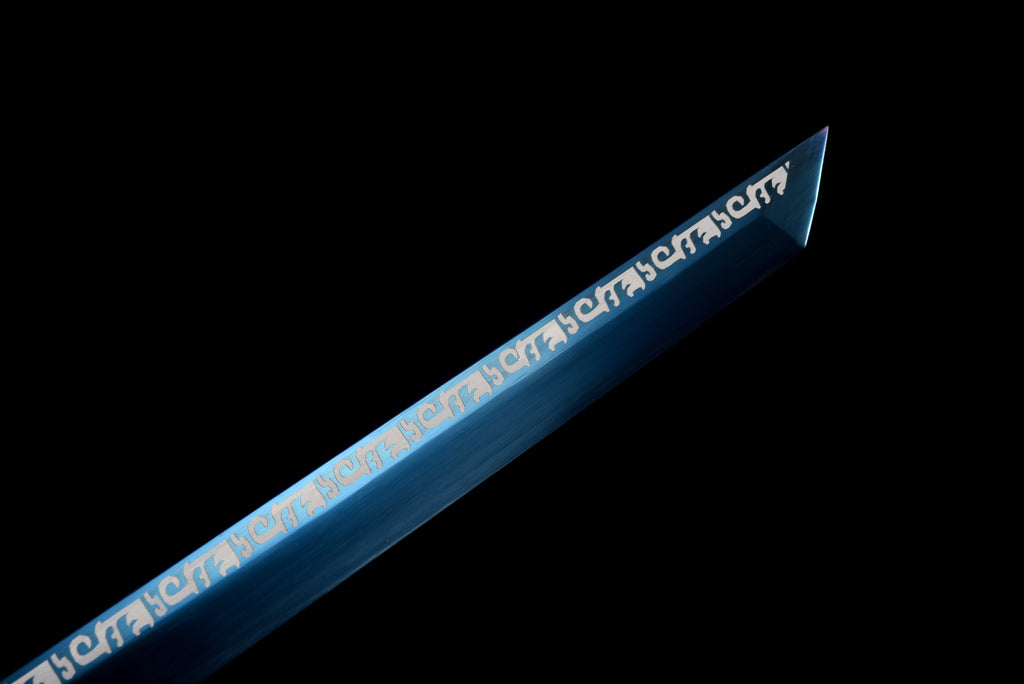 Handgefertigtes Ninja-Schwert, Manganstahl, blaue Klinge, Full Tang, Scheide mit blauem Blitz-Motiv – 104 cm, echtes Katana-Schwert