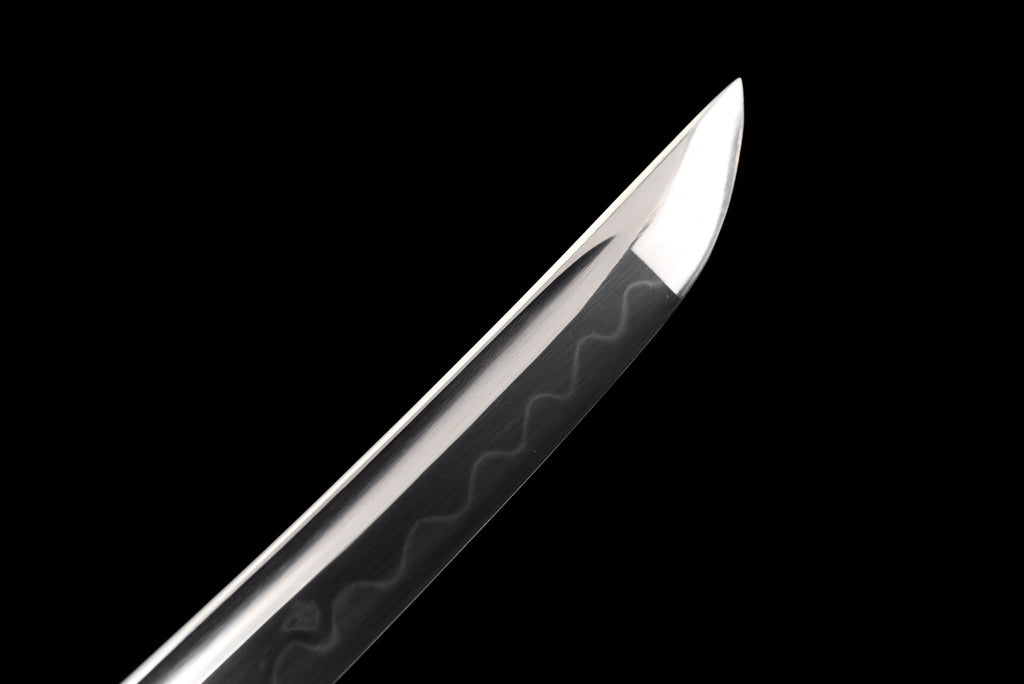 Handgefertigtes Full-Tang-Wakizashi-Schwert, Damaszener Stahl, lehmgehärtete Klinge, weiß bedruckte Scheide – 79 cm, echtes Katana-Schwert