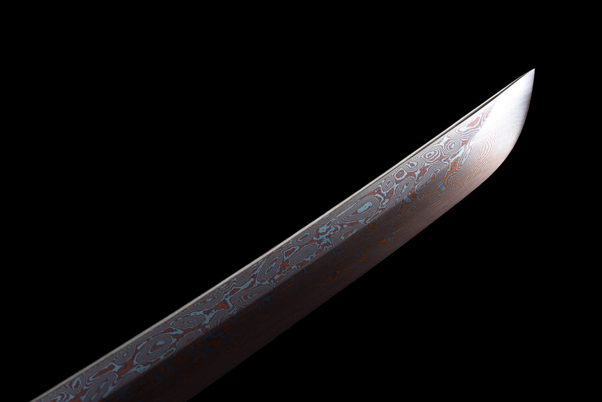 Handgefertigtes Wakizashi-Schwert aus rotem Damaszener Stahl mit schwarzer Lederscheide – 79 cm, echtes Katana-Schwert