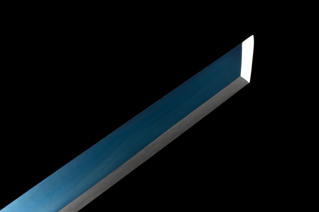 Handgefertigtes Ninja-Schwert, Manganstahl, blaue Klinge, Full-Tang, blau bedruckte Scheide – 104 cm, echtes Katana-Schwert