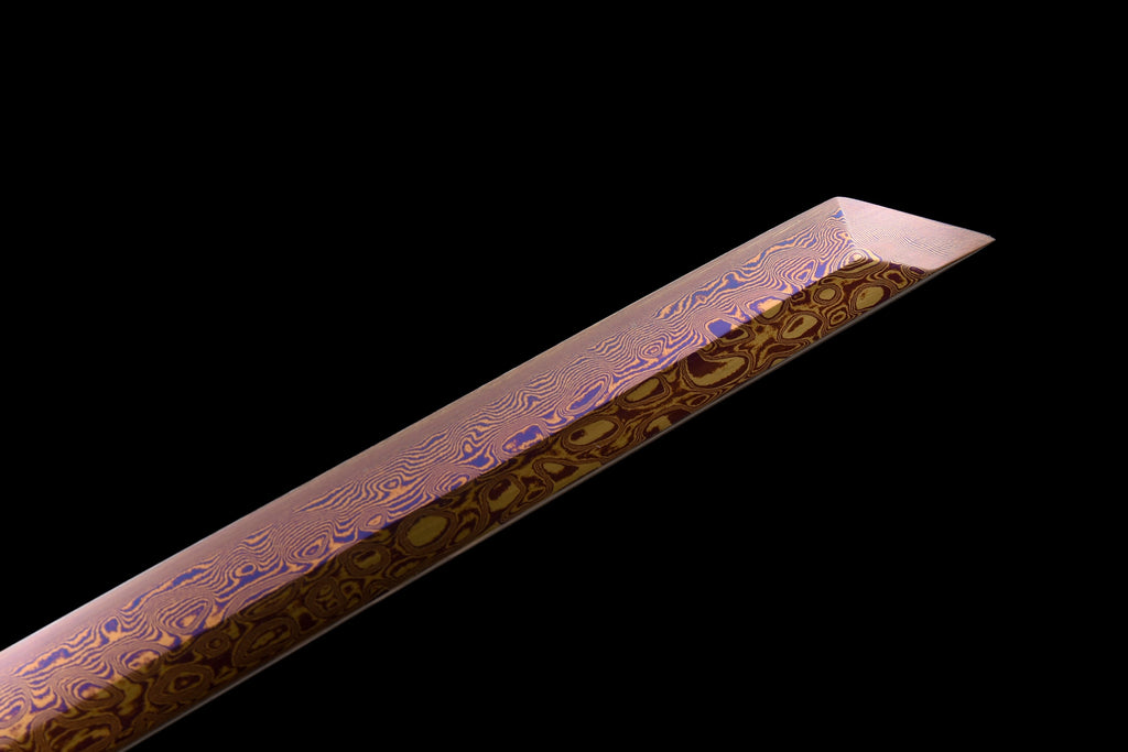 Handgefertigtes Ninjato-Schwert, roter Damaszener-Stahl, Full Tang, Lederscheide und Griff aus Holz mit Lederumwicklung – 104 cm, echtes Katana-Schwert