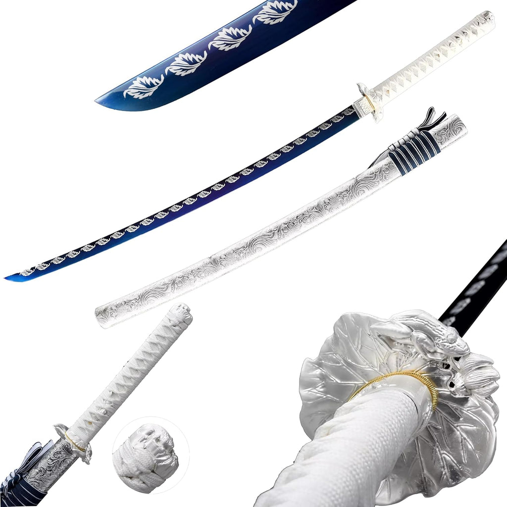 Handgefertigtes japanisches Samuraischwert, 41-Zoll-Katana mit durchgehendem Erl, Federstahl, flexibel und elastisch, hohe Zähigkeit, weiß, scharf