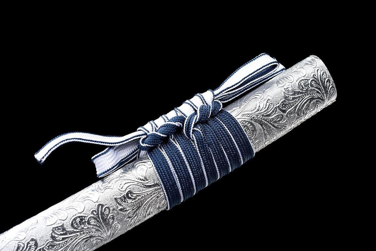 Handgefertigtes japanisches Samuraischwert, 41-Zoll-Katana mit durchgehendem Erl, Federstahl, flexibel und elastisch, hohe Zähigkeit, weiß, scharf