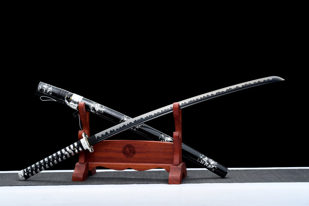 Handgefertigtes Full-Tang-Katana aus 1095er Kohlenstoffstahl mit schwarzer Klinge, echtes Katana-Schwert