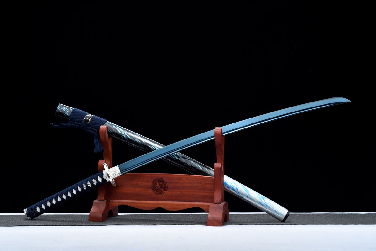 Handgefertigtes Full-Tang-Katana, 1095 Kohlenstoffstahl, blaue Klinge, echtes Katana-Schwert