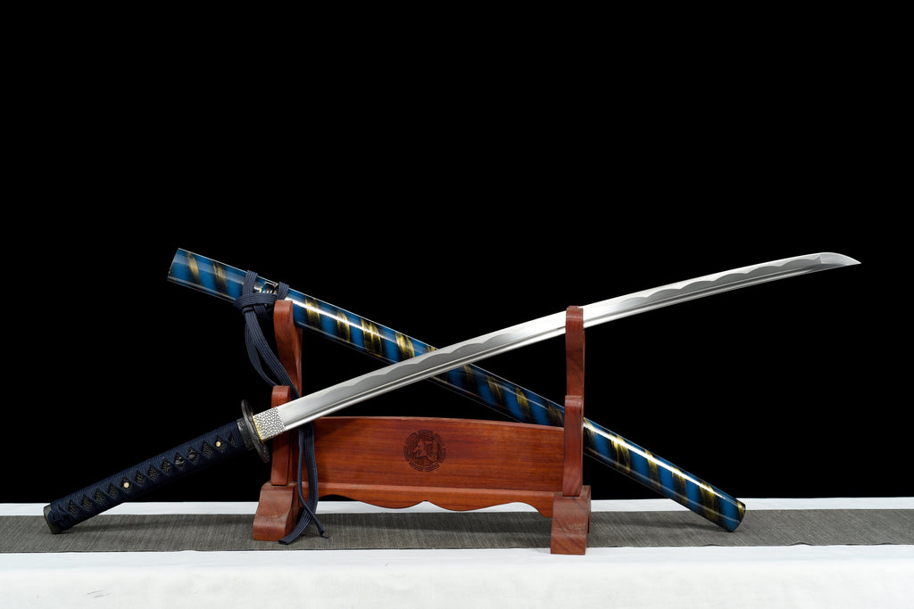 Handgefertigtes Full-Tang-Katana aus 1045er Kohlenstoffstahl, blaue Schwertscheide, echtes Katana-Schwert