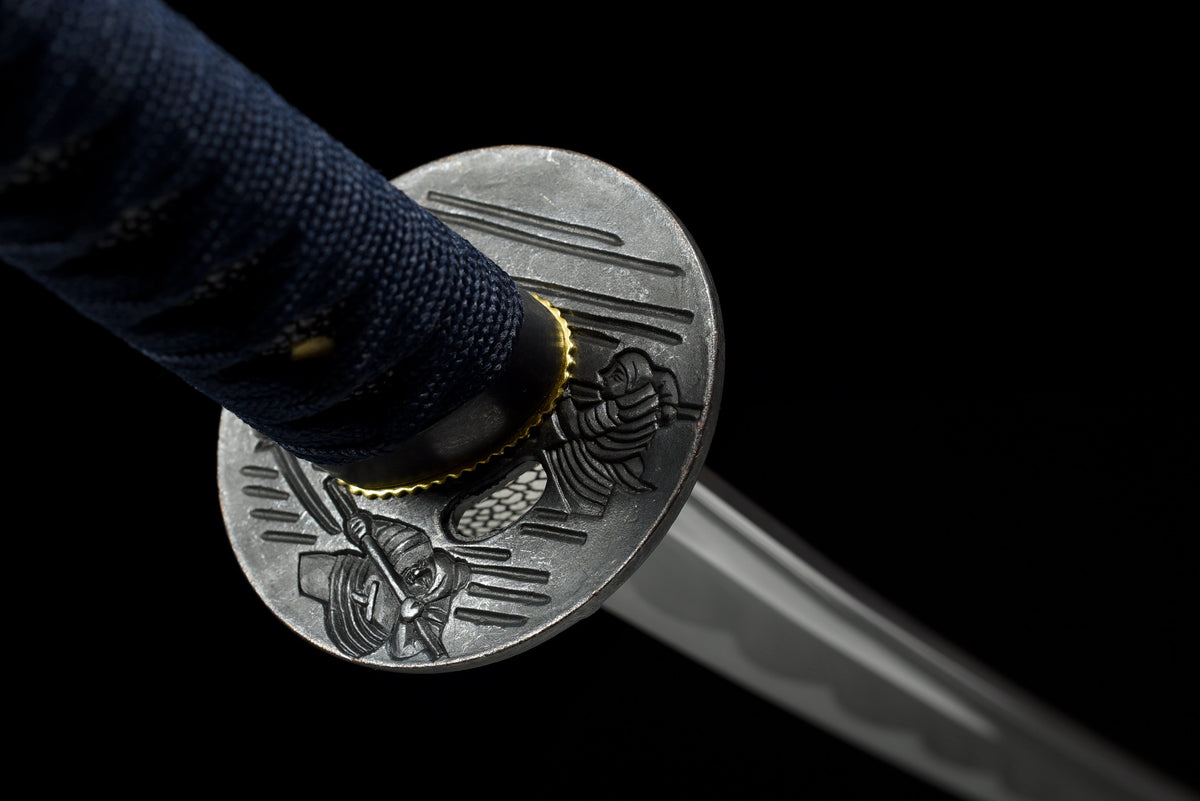 Handgefertigtes Full-Tang-Katana aus 1045er Kohlenstoffstahl, blaue Schwertscheide, echtes Katana-Schwert
