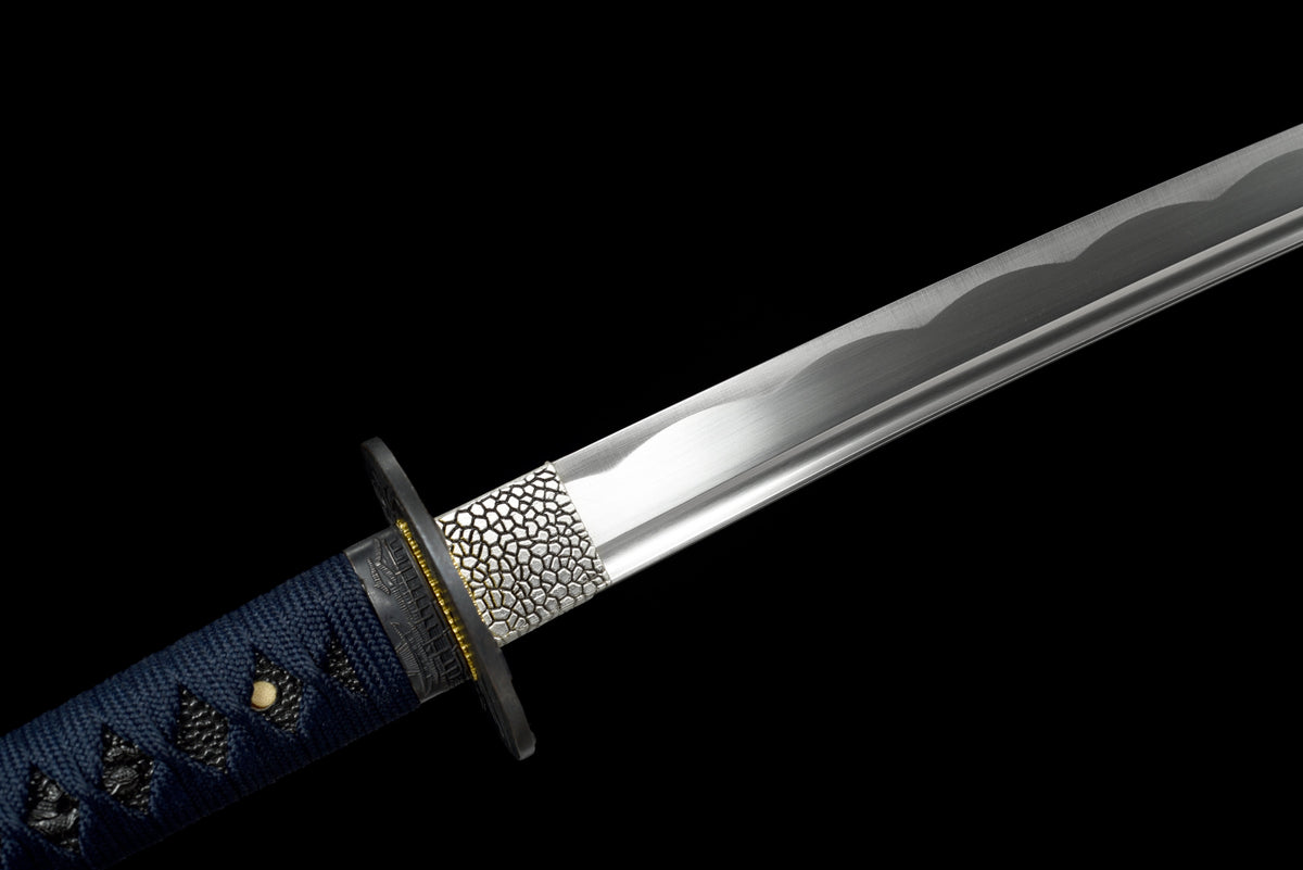 Handgefertigtes Full-Tang-Katana aus 1045er Kohlenstoffstahl, blaue Schwertscheide, echtes Katana-Schwert