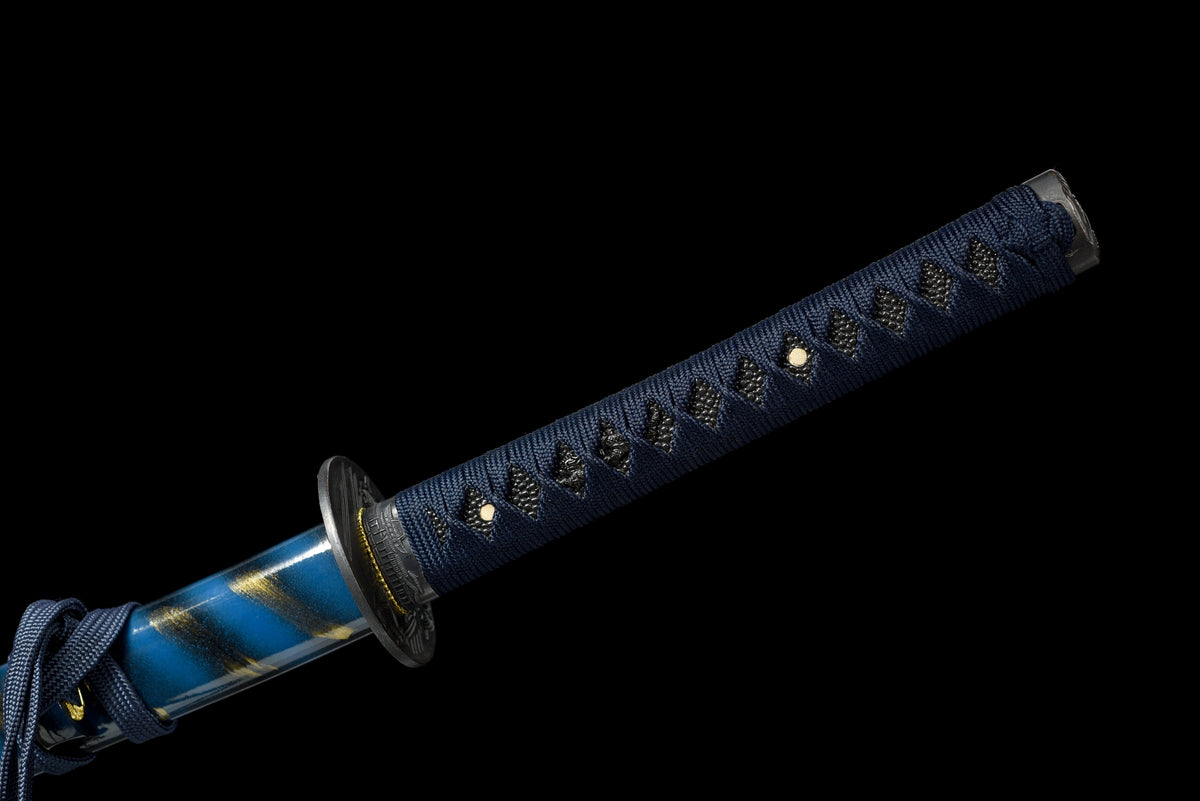 Handgefertigtes Full-Tang-Katana aus 1045er Kohlenstoffstahl, blaue Schwertscheide, echtes Katana-Schwert