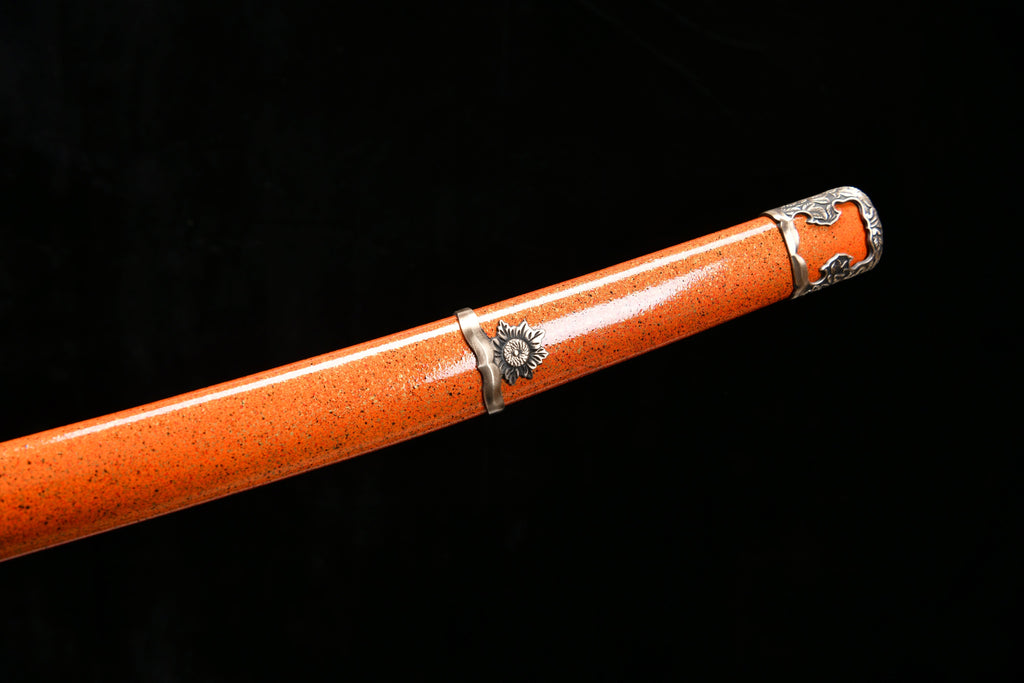 Handgefertigtes 41-Zoll-Tachi-Schwert mit polierter Klinge aus gemustertem Stahl – Griff mit umgekehrtem Chrysanthemen-Motiv (Beschläge aus hellem Kupfer), Tachi-Schwert
