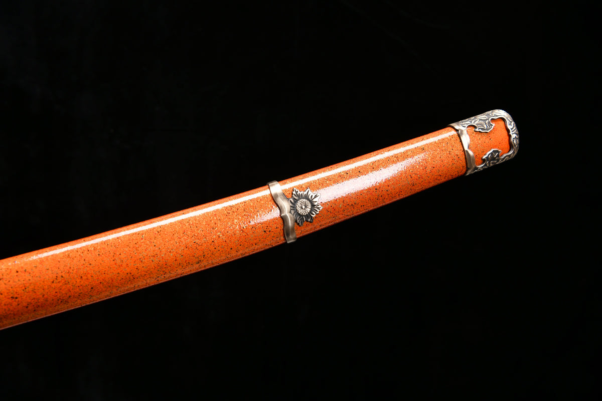 Handgefertigtes 41-Zoll-Tachi-Schwert mit polierter Klinge aus gemustertem Stahl – Griff mit umgekehrtem Chrysanthemen-Motiv (Beschläge aus hellem Kupfer), Tachi-Schwert