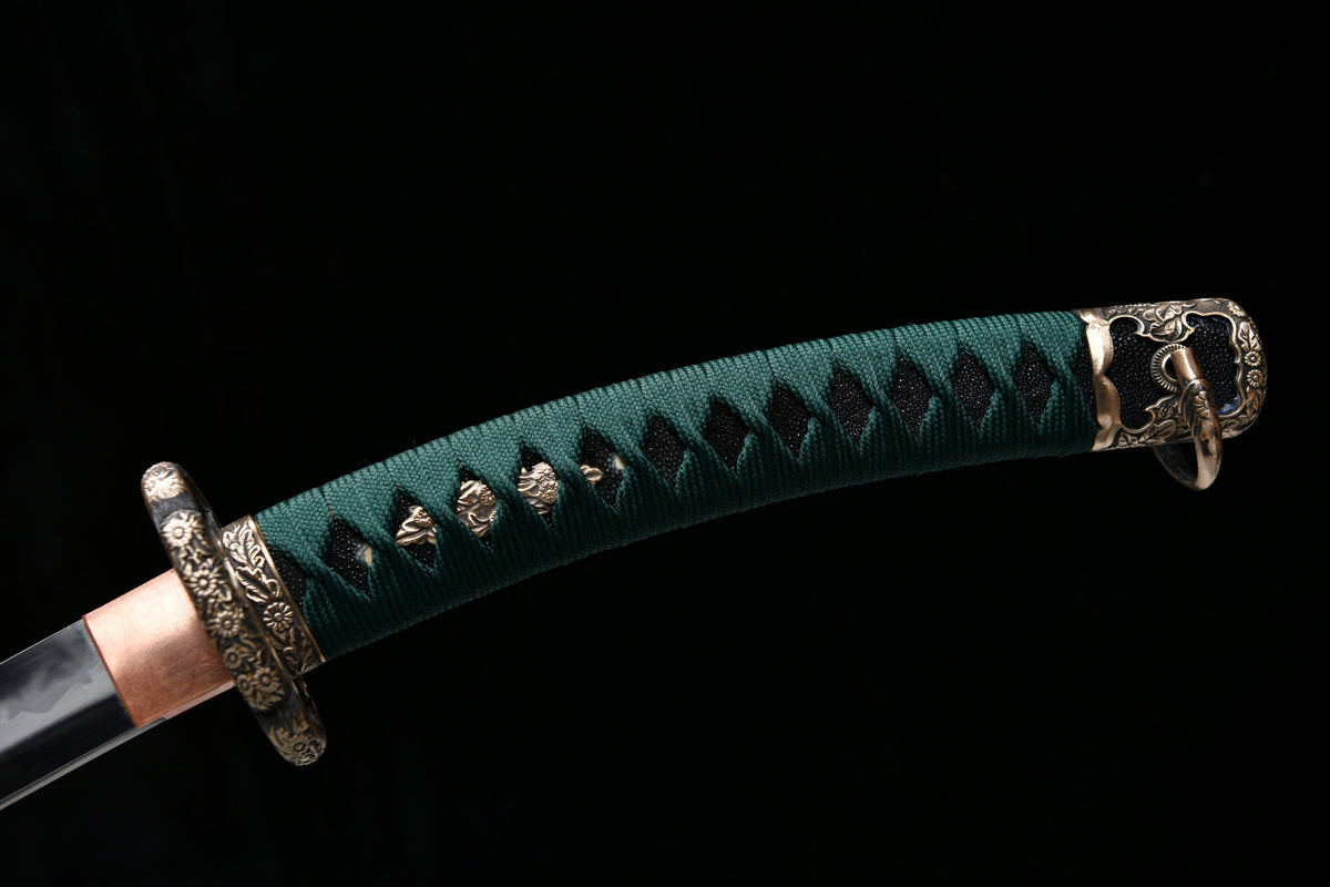 Handgefertigtes 41-Zoll-Tachi-Schwert mit polierter Klinge aus gemustertem Stahl – Griff mit umgekehrtem Chrysanthemen-Motiv (Beschläge aus hellem Kupfer), Tachi-Schwert