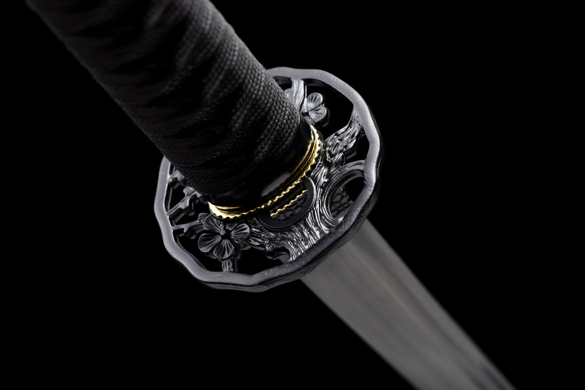 Handgefertigtes Full-Tang-Katana aus 1060er Kohlenstoffstahl, schwarze Klinge, echtes Katana-Schwert