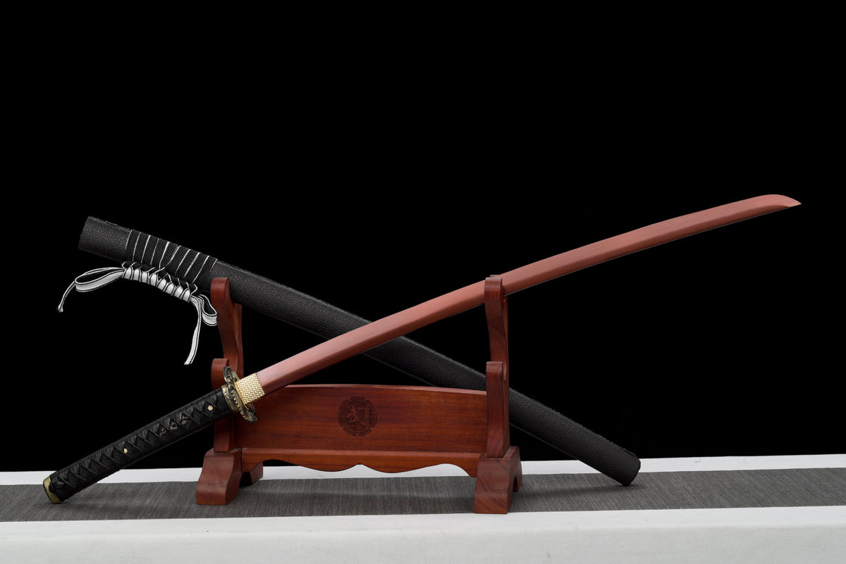 Handgefertigtes Full-Tang-Katana, 1095 Kohlenstoffstahl, rote Klinge, schwarze Scheide, echtes Katana-Schwert