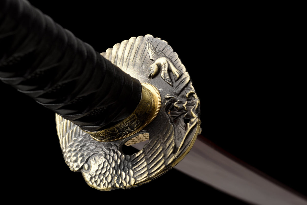 Handgefertigtes Full-Tang-Katana, 1095 Kohlenstoffstahl, rote Klinge, schwarze Scheide, echtes Katana-Schwert