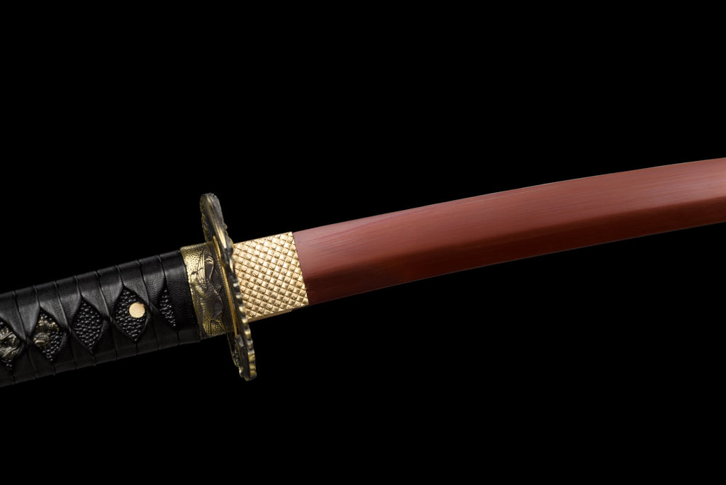 Handgefertigtes Full-Tang-Katana, 1095 Kohlenstoffstahl, rote Klinge, schwarze Scheide, echtes Katana-Schwert