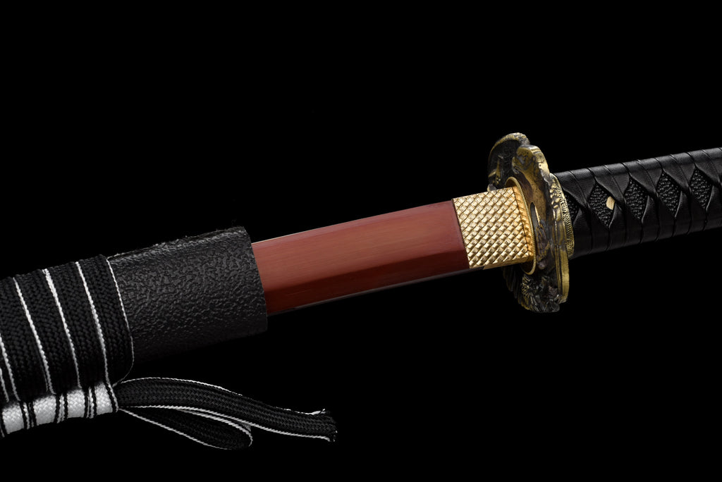 Handgefertigtes Full-Tang-Katana, 1095 Kohlenstoffstahl, rote Klinge, schwarze Scheide, echtes Katana-Schwert