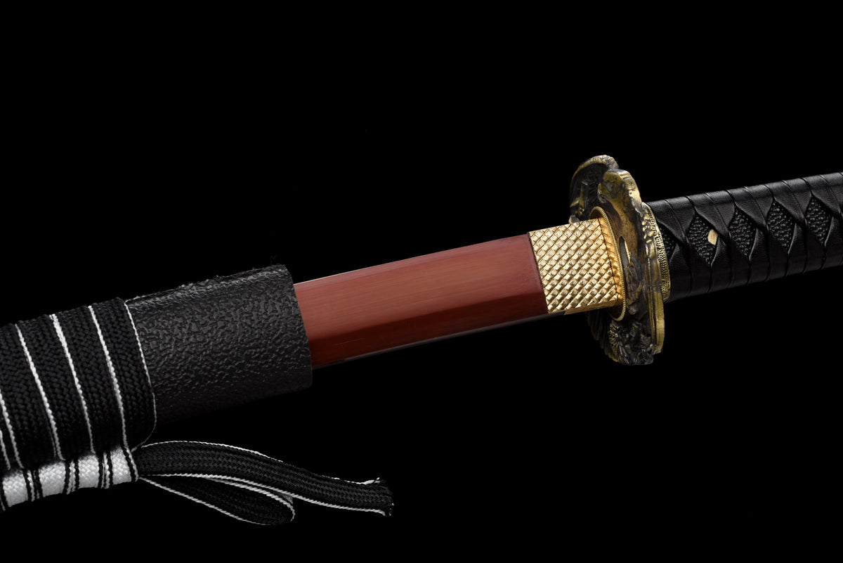 Handgefertigtes Full-Tang-Katana, 1095 Kohlenstoffstahl, rote Klinge, schwarze Scheide, echtes Katana-Schwert