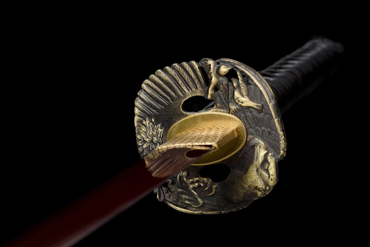 Handgefertigtes Full-Tang-Katana, 1095 Kohlenstoffstahl, rote Klinge, schwarze Scheide, echtes Katana-Schwert