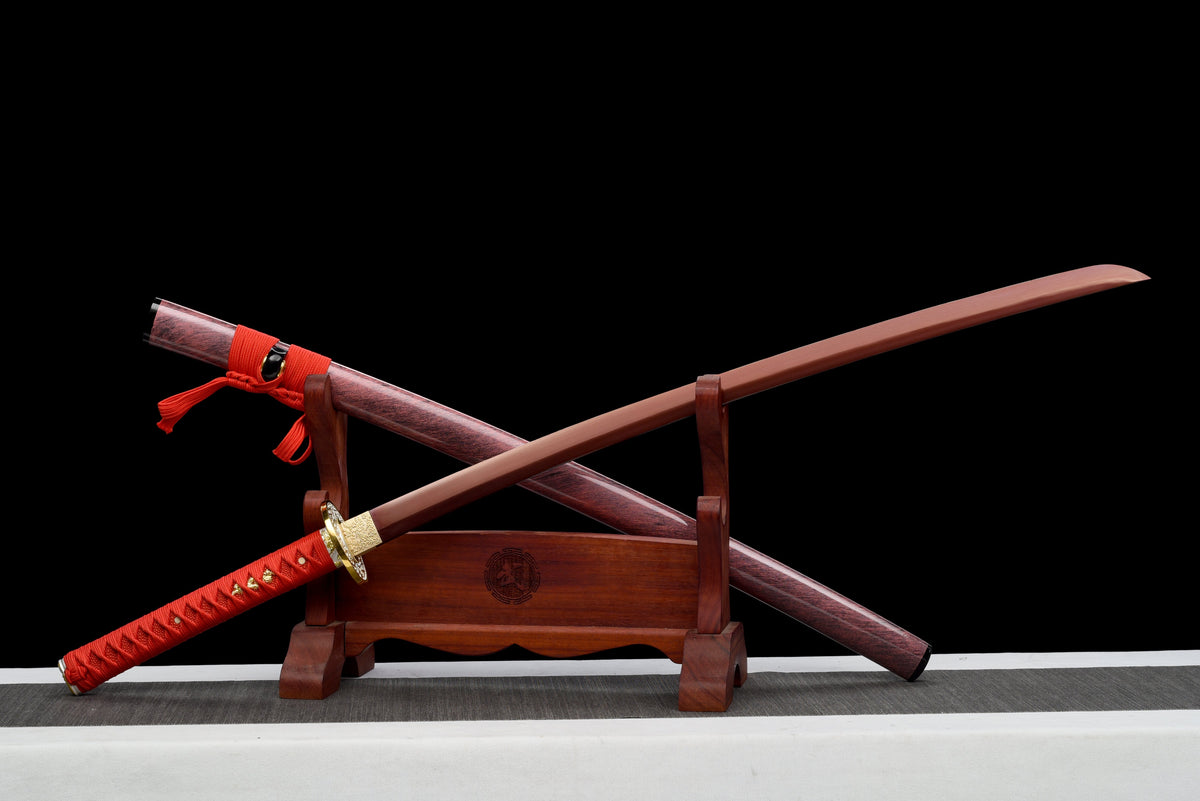 Handgefertigtes Full-Tang-Katana aus 1095er Kohlenstoffstahl mit roter Klinge, echtes Katana-Schwert
