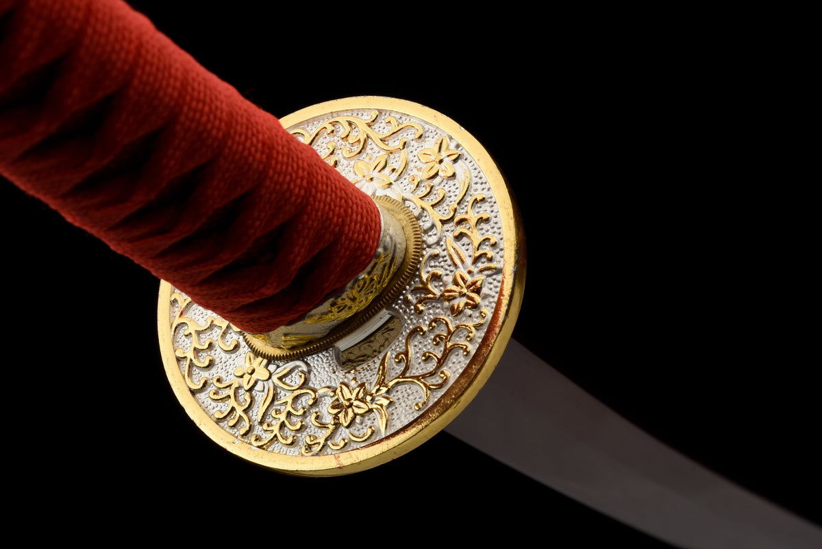 Handgefertigtes Full-Tang-Katana aus 1095er Kohlenstoffstahl mit roter Klinge, echtes Katana-Schwert