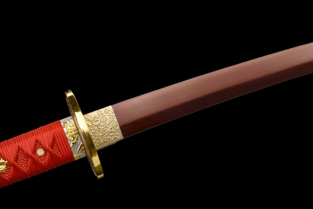 Handgefertigtes Full-Tang-Katana aus 1095er Kohlenstoffstahl mit roter Klinge, echtes Katana-Schwert
