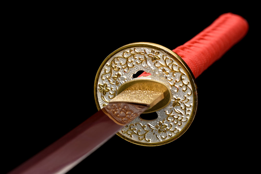 Handgefertigtes Full-Tang-Katana aus 1095er Kohlenstoffstahl mit roter Klinge, echtes Katana-Schwert