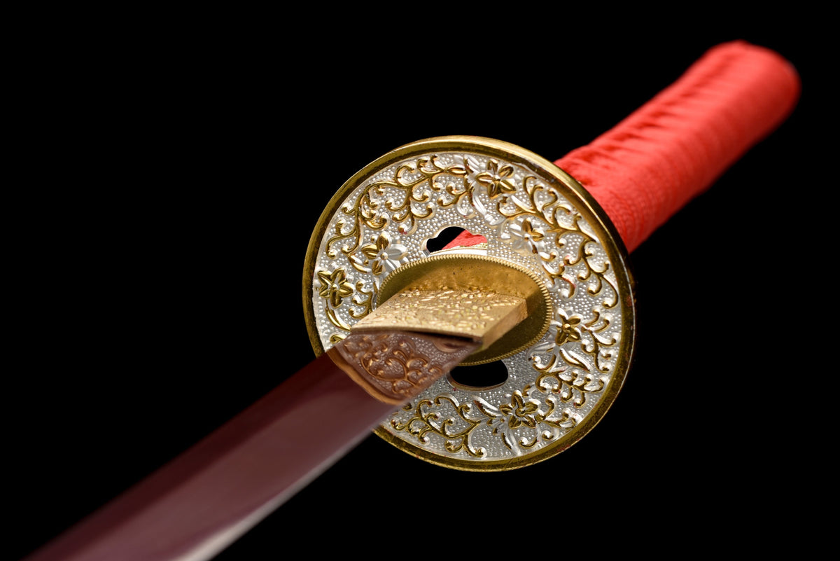Handgefertigtes Full-Tang-Katana aus 1095er Kohlenstoffstahl mit roter Klinge, echtes Katana-Schwert