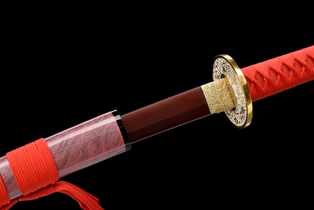 Handgefertigtes Full-Tang-Katana aus 1095er Kohlenstoffstahl mit roter Klinge, echtes Katana-Schwert