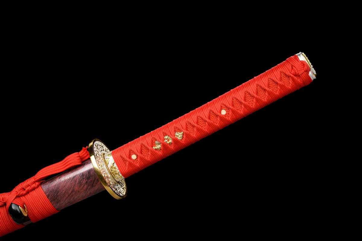 Handgefertigtes Full-Tang-Katana aus 1095er Kohlenstoffstahl mit roter Klinge, echtes Katana-Schwert
