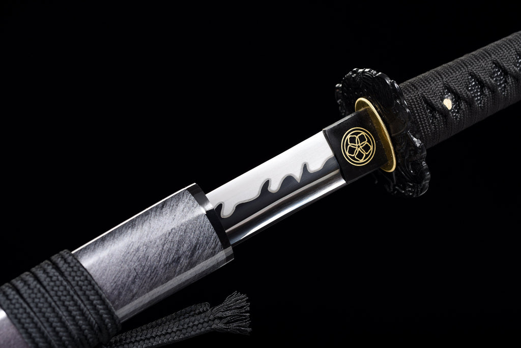 Handgefertigtes Full-Tang-Katana, 1095 Kohlenstoffstahl, schwarze Klinge, echtes Katana-Schwert