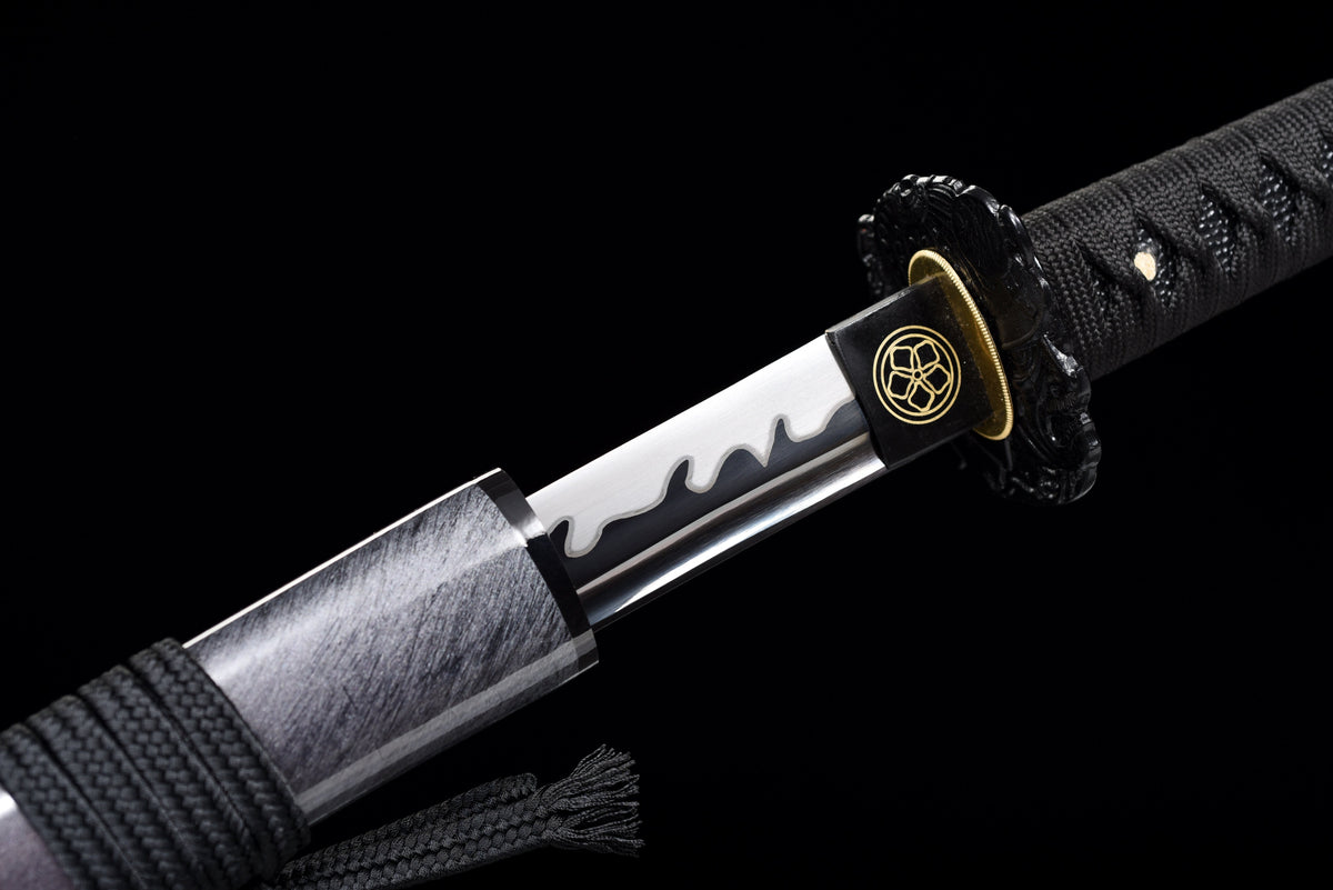 Handgefertigtes Full-Tang-Katana, 1095 Kohlenstoffstahl, schwarze Klinge, echtes Katana-Schwert
