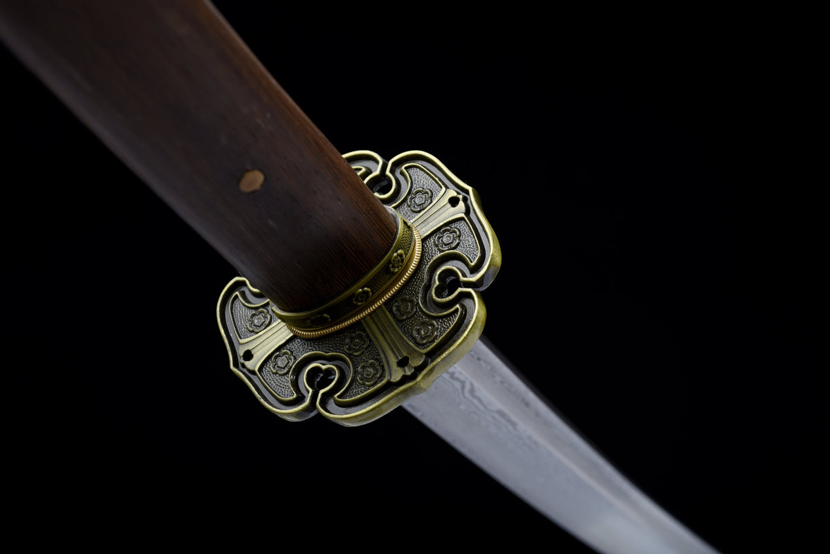 Handgefertigtes Tachi-Schwert mit durchgehender Damaststahl-Klinge, echtes Katana-Schwert