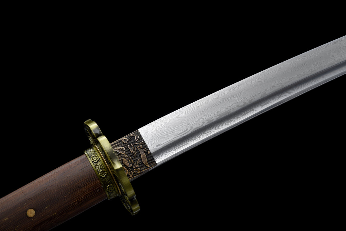 Handgefertigtes Tachi-Schwert mit durchgehender Damaststahl-Klinge, echtes Katana-Schwert