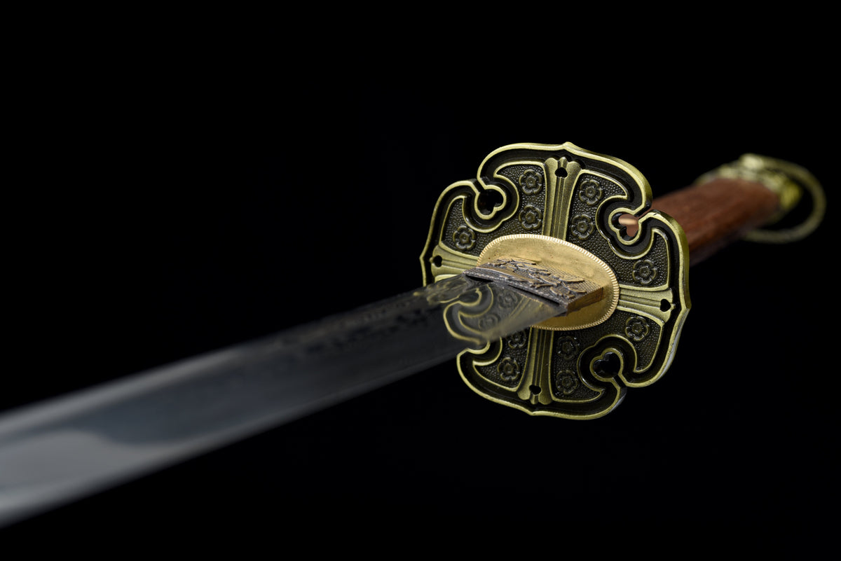 Handgefertigtes Tachi-Schwert mit durchgehender Damaststahl-Klinge, echtes Katana-Schwert
