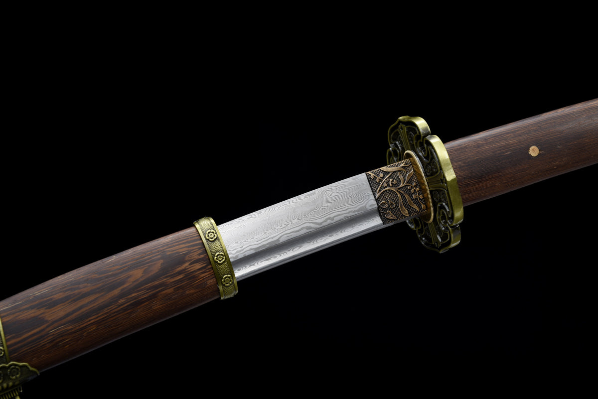 Handgefertigtes Tachi-Schwert mit durchgehender Damaststahl-Klinge, echtes Katana-Schwert
