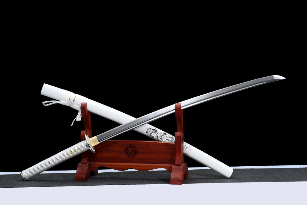 Handgefertigtes Full-Tang-Katana, 1045er Kohlenstoffstahl, weiße Schwertscheide, echtes Katana-Schwert