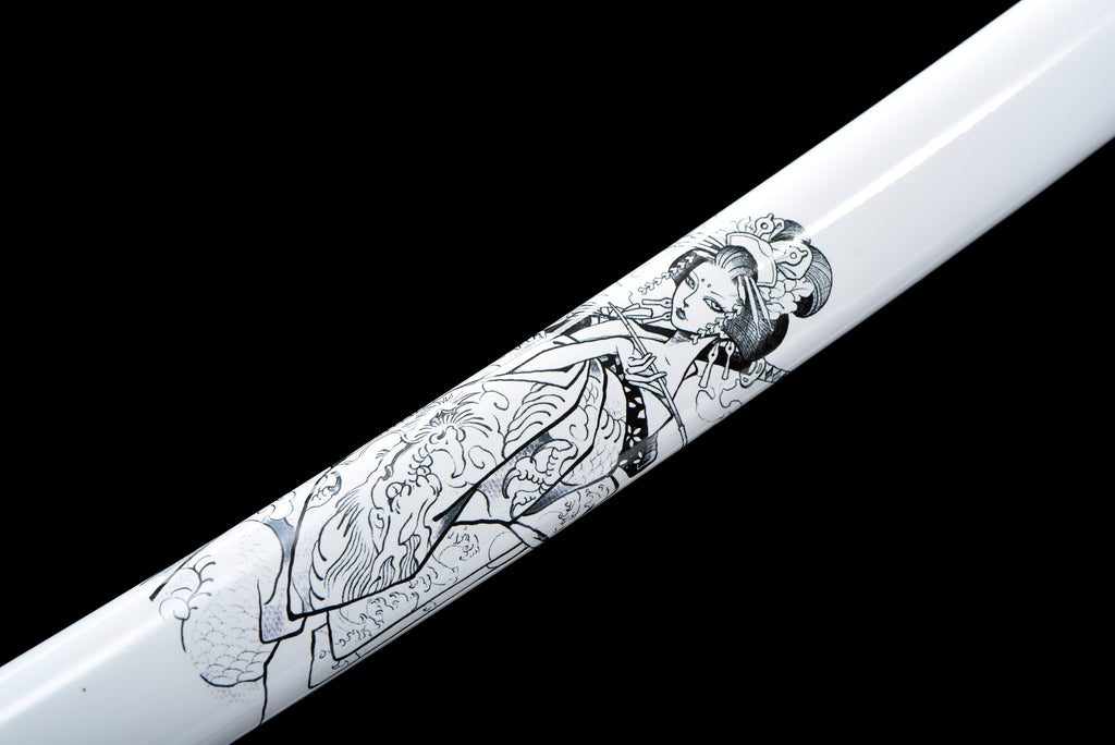 Handgefertigtes Full-Tang-Katana, 1045er Kohlenstoffstahl, weiße Schwertscheide, echtes Katana-Schwert