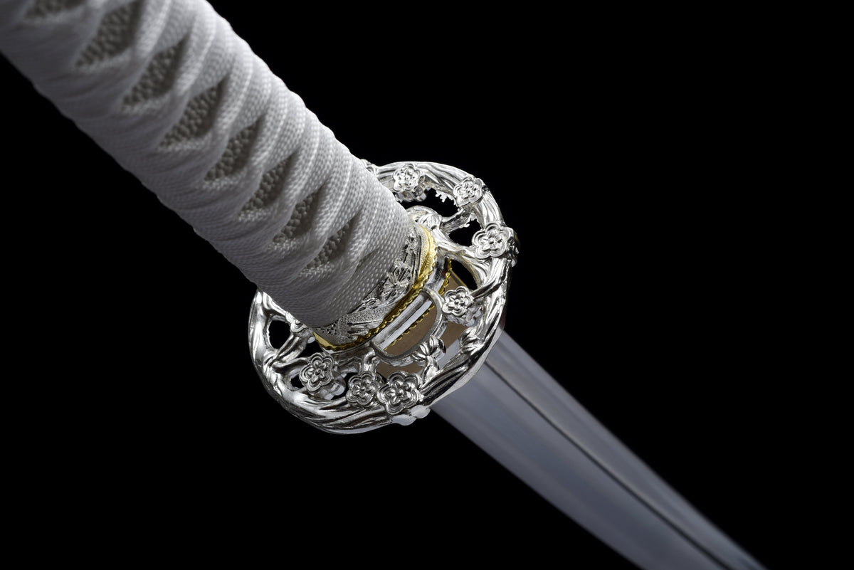 Handgefertigtes Full-Tang-Katana, 1045er Kohlenstoffstahl, weiße Schwertscheide, echtes Katana-Schwert