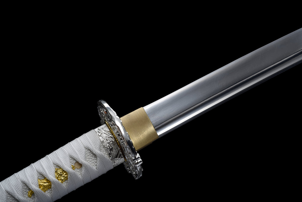Handgefertigtes Full-Tang-Katana, 1045er Kohlenstoffstahl, weiße Schwertscheide, echtes Katana-Schwert