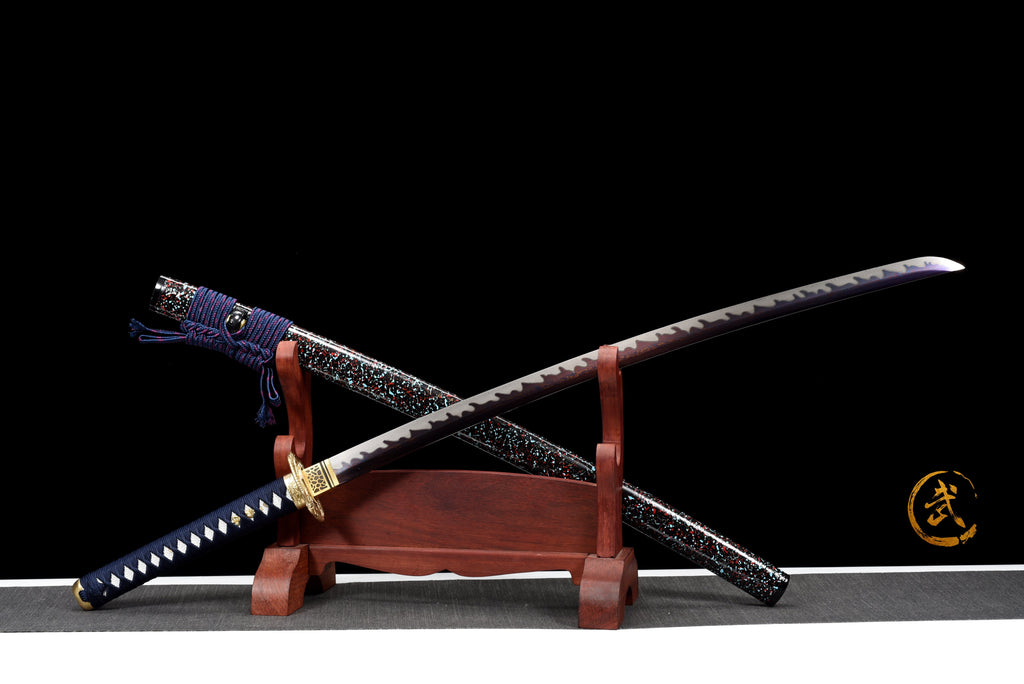 Handgefertigtes Full-Tang Katana aus Damaszenerstahl mit BLAUER Klinge, echtes Katana-Schwert