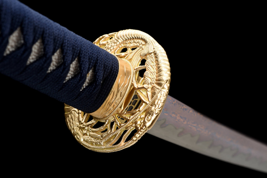 Handgefertigtes Full-Tang Katana aus Damaszenerstahl mit BLAUER Klinge, echtes Katana-Schwert