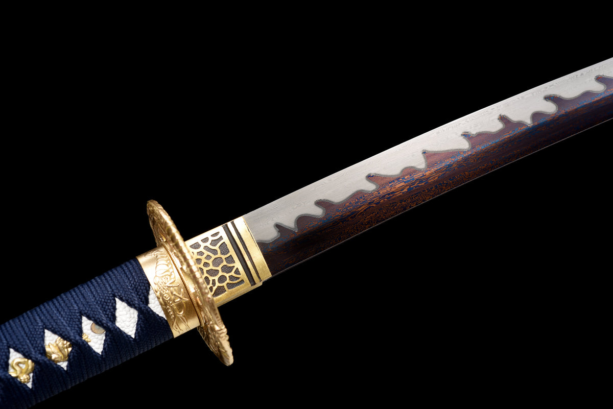 Handgefertigtes Full-Tang Katana aus Damaszenerstahl mit BLAUER Klinge, echtes Katana-Schwert