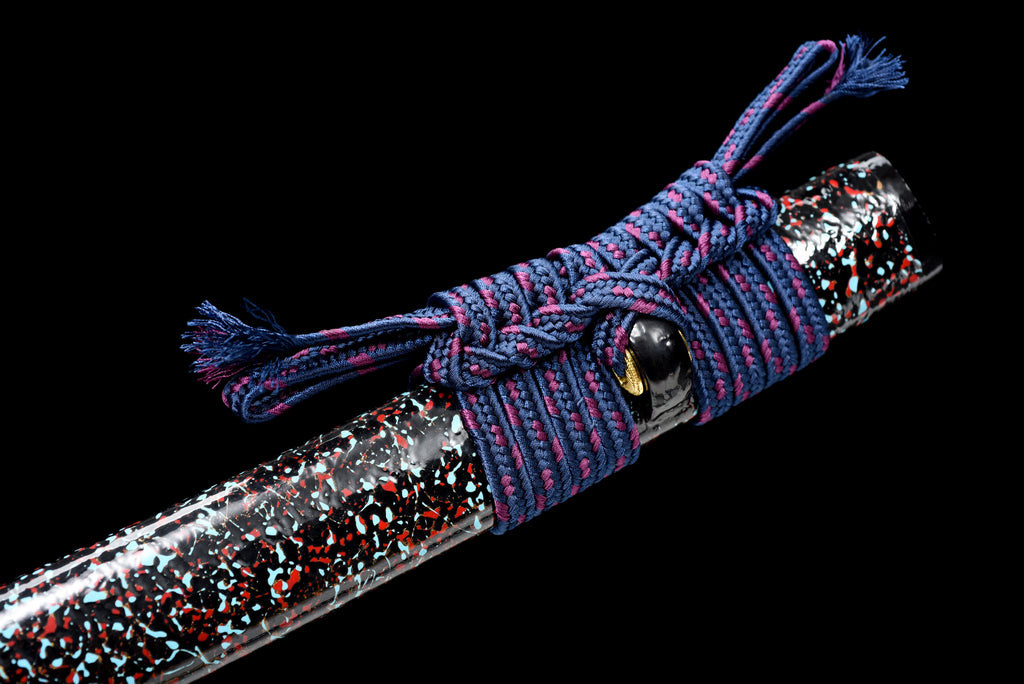 Handgefertigtes Full-Tang Katana aus Damaszenerstahl mit BLAUER Klinge, echtes Katana-Schwert
