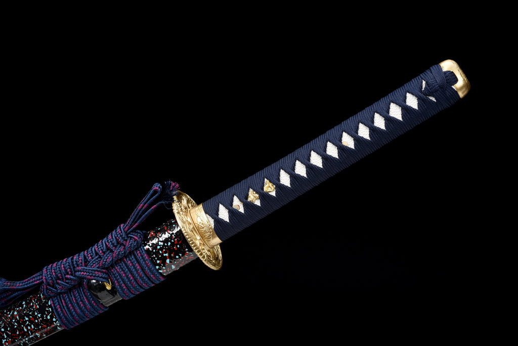 Handgefertigtes Full-Tang Katana aus Damaszenerstahl mit BLAUER Klinge, echtes Katana-Schwert