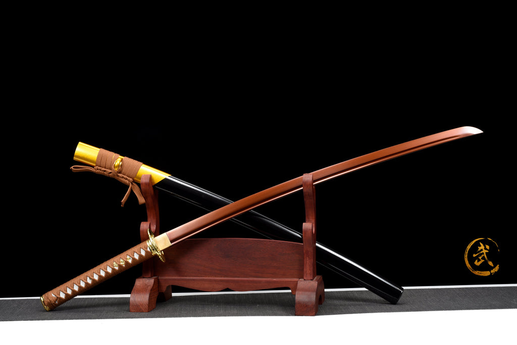 Handgefertigtes Full-Tang Katana aus 1095 Kohlenstoffstahl mit roter Klinge, echtes Katana-Schwert