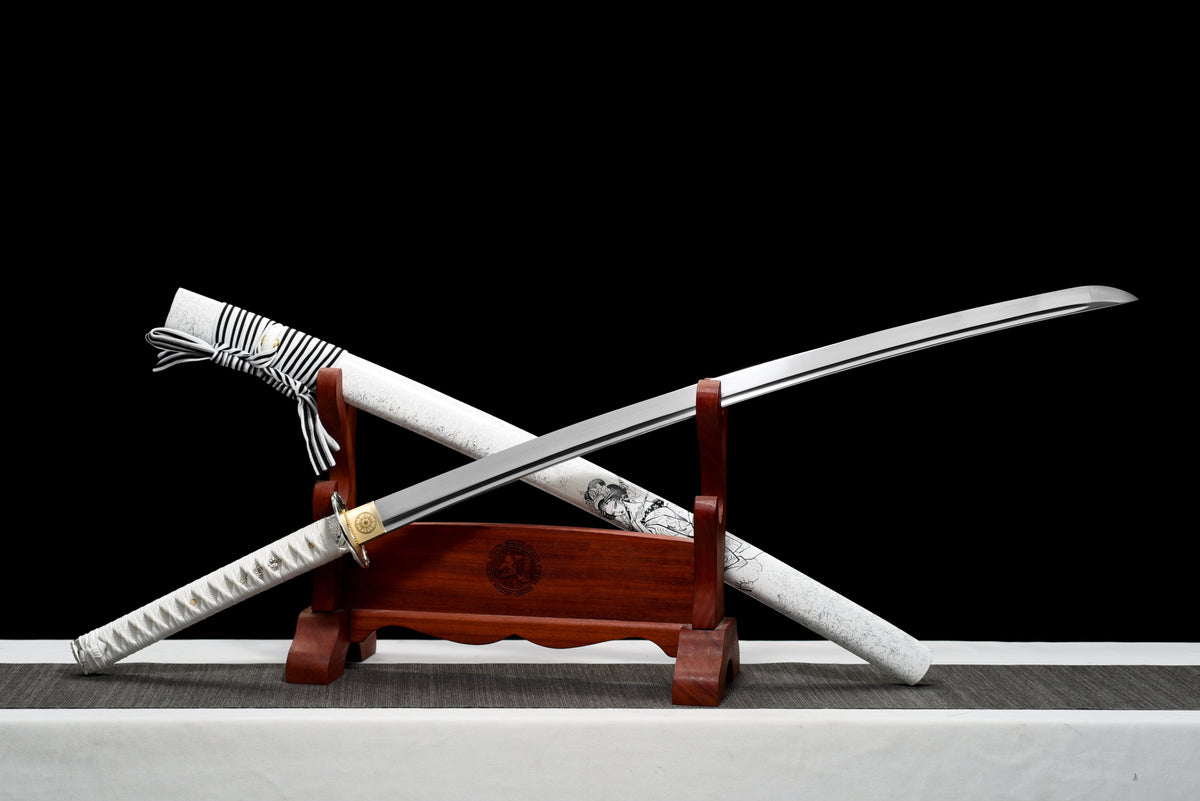 Handgefertigtes Katana mit durchgehender Klinge aus 1095 Kohlenstoffstahl, weiße Scheide, echtes Katana-Schwert