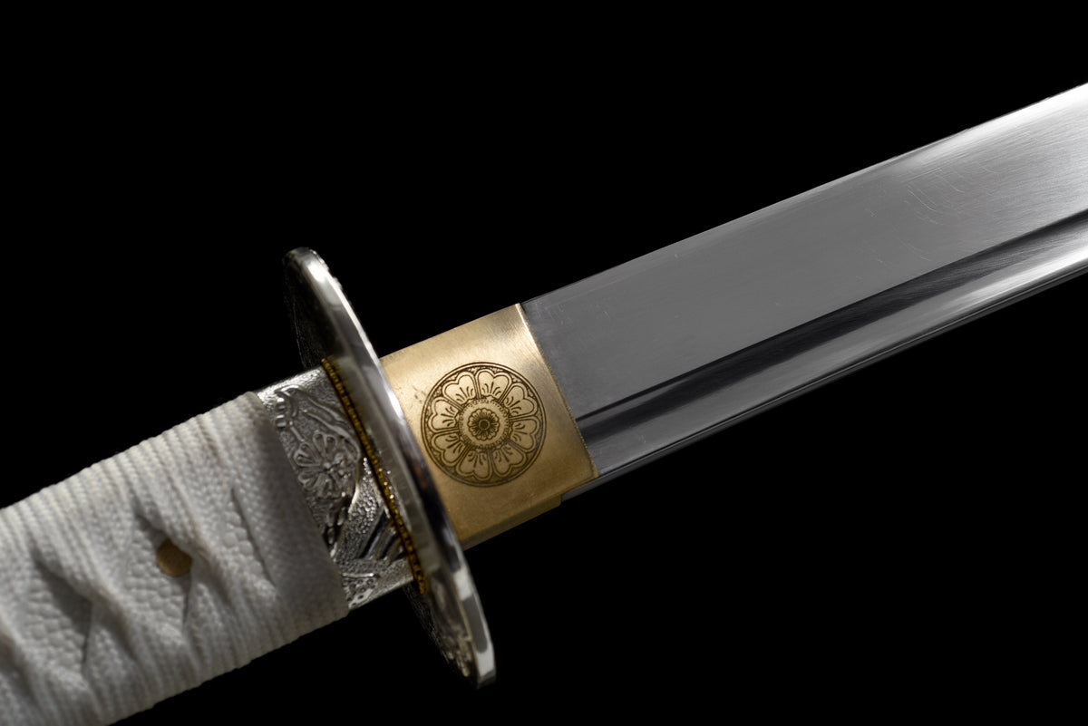 Handgefertigtes Katana mit durchgehender Klinge aus 1095 Kohlenstoffstahl, weiße Scheide, echtes Katana-Schwert